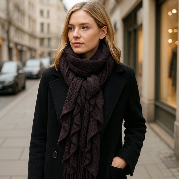 ๐ Deep Plum Ruffled Knit Scarf with Fringe โ Dramatic, Cozy & Boutique-Chic - Picture 1 of 13